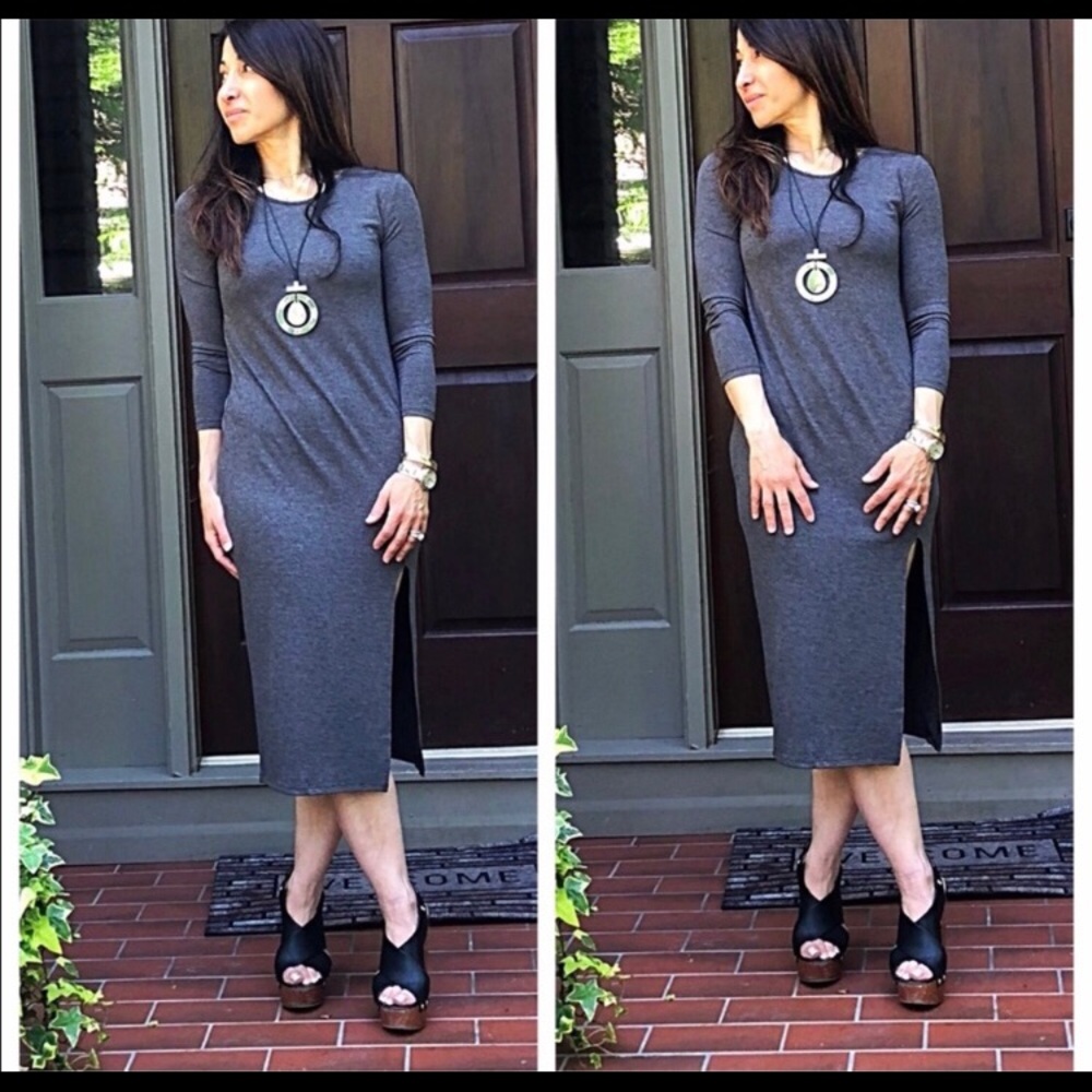 3/4 SLEEVE MIDI DRESS WITH FRONT SLIT CHARCOAL